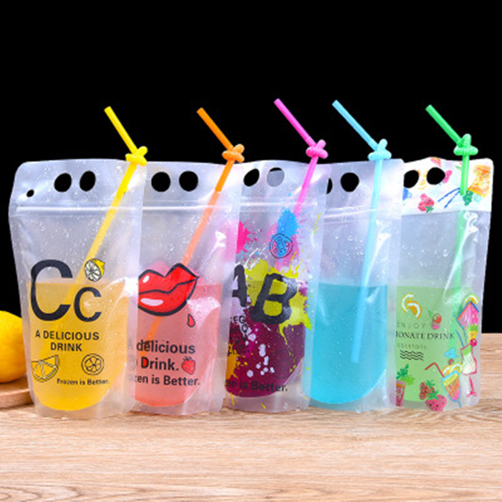 100pcs 400ml-500ml Plastic Drink Pouches with Straw Food Grade Plastic Beverage Package Bag Wine Juice Liquid Packing Drink Bag