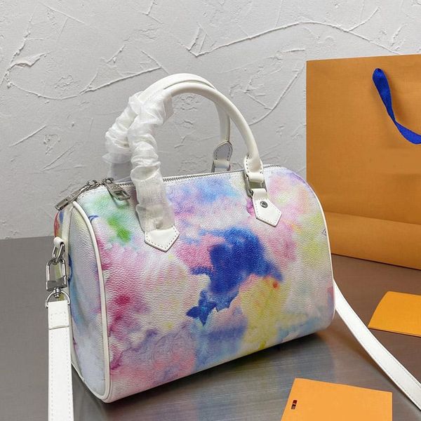 Pillow Bag Cylinder Package Large Capacity Handbag Patchwork Color Grain Genuine Leather Zipper Removable Shoulder Strap Travelling Bags