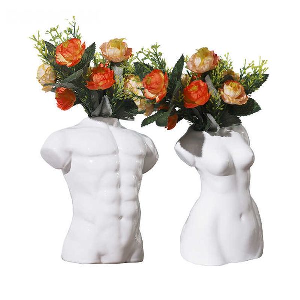 Ceramics Body Abstract Art Flower Vase Nude Male Female Sculpture Flower Vase Hobby Man Woman Vase Planting Machine Home Decor 210615