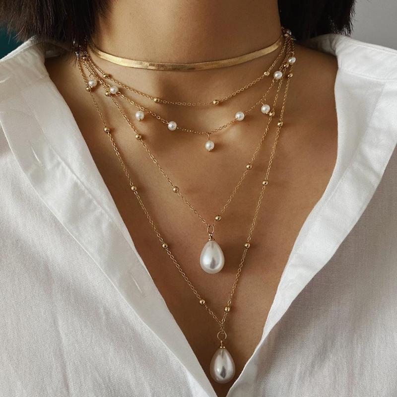 Pendant Necklaces Retro Multilayer Necklace Rice Beads Pearl Pendants Ladies Fashion Jewelry Gift Simulated Chokers Ornaments Joyas A1