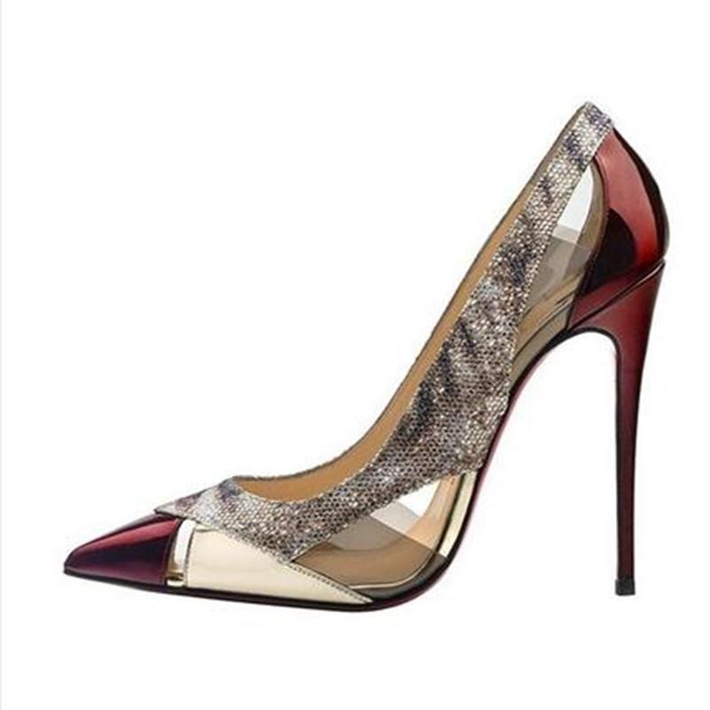 Dress Shoes Dark Red Patent Leather Patchwork 12 10 8cm Stiletto Heels PVC High Pumps Mixed Glitter Sankeskin Party