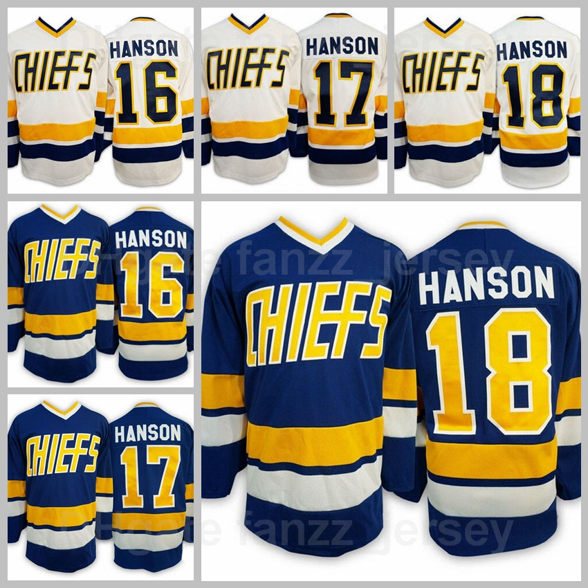 Brothers Charlestown Slap Shot 16 Jack Hanson Jersey Movie Ice Hockey 17 Steve Hanson 18 Jeff Hanson All Stitched Blue Away White Sports
