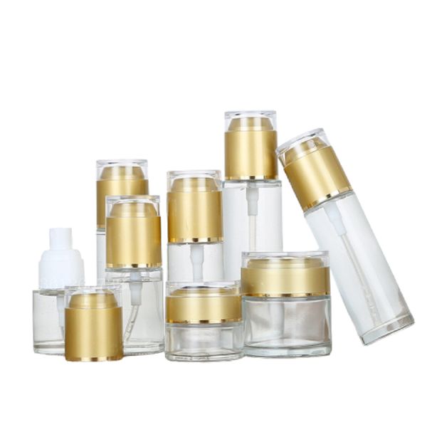 30-50-60-80ML Glass Mist Spray Bottle 20-30-50G Cosmetic Cream Jar Matte Gold Makeup Set Perfume Refillable Lotion Pump Bottle