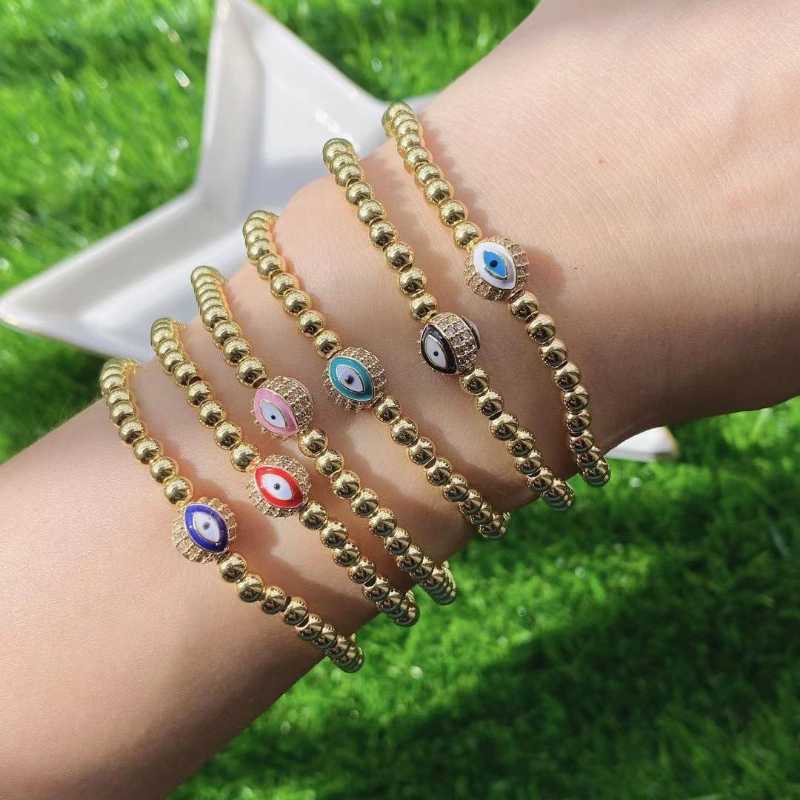 Beaded, Strands 5PCS, Turkish Crystal Eye Bead Bracelets For Women Jewelry Trendy Gold Ball Beads Pulsera Jewellery Elastic Bracelet