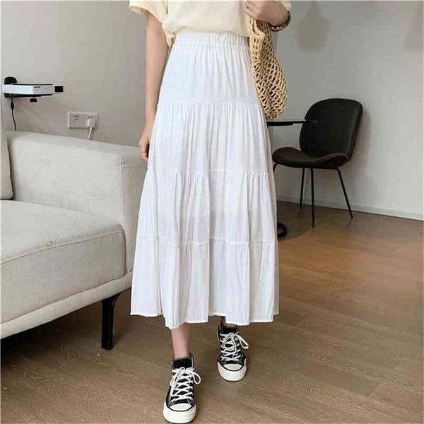 Spring Summer Women Chiffon Skirts Vintage High-Waisted Elastic Patchwork White Black Chic Long Cake A-Line Skirt for Female 210619