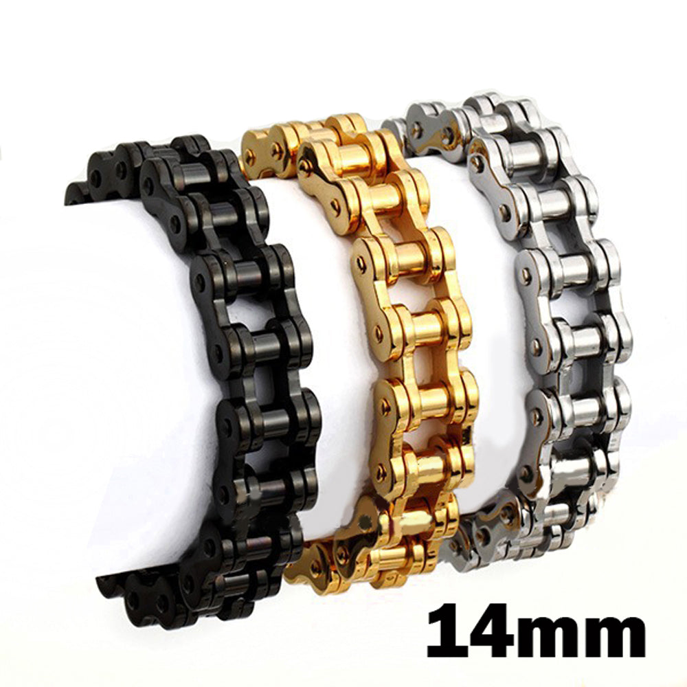 14mm Men&#039;s Stainless Steel Bike Chain Bracelet Punk Rock Motor Biker Bicycle Link Wristband 8.5 inch Length with Velvet Bag