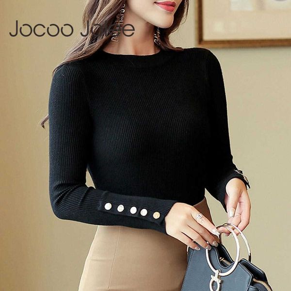 Jocoo Jolee Women Korean Style Sweater Long Sleeve O Neck Button Slim Vintage Knitting Warm Basic Pullover Office Lady Jumpers 210619