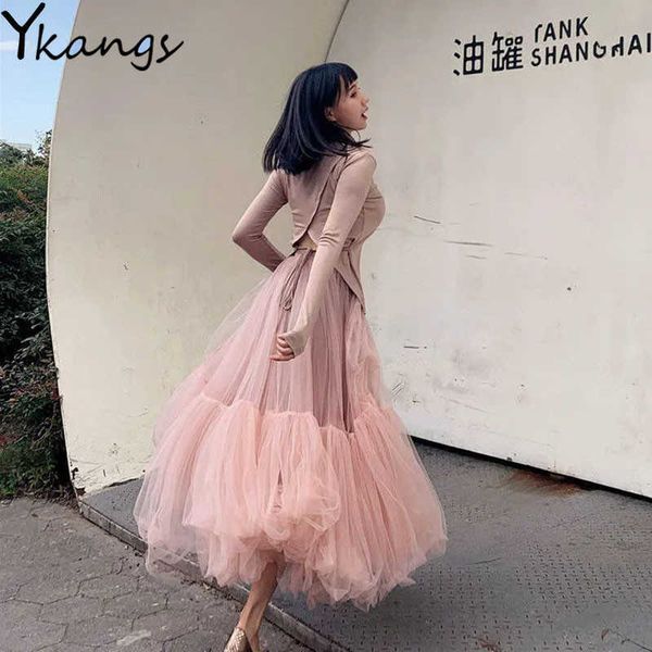 Vintage Pink Pleated Long Tulle Skirt Tutu Femme High Waisted Runway Soft Mesh Skirts Korean Women Spring Jupe harajuku 210619