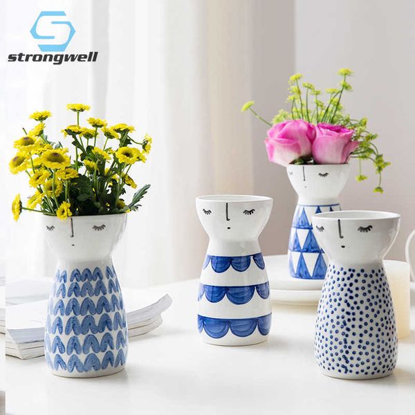 Strongwell Modern Girl Vase Ceramic Miniature Model Home Decor Flower Pots Plants Porcelain Flower Vase Painting Vases 210623