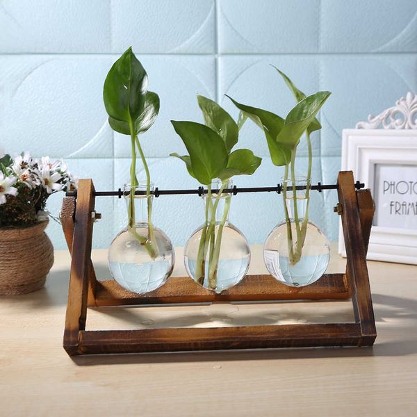 Vases Glass and Wood Vase Planter Terrarium Table Desktop Hydroponics Plant Bonsai Hanging Pots Flower Pot with Wooden Tray Home Decor 21062