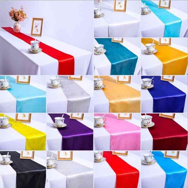 10pc Satin Table Runners White-Red-Black-Gold-Silver-Champagne 18 Color 30*275cm For Wedding el Banquet Home Decoration 210628