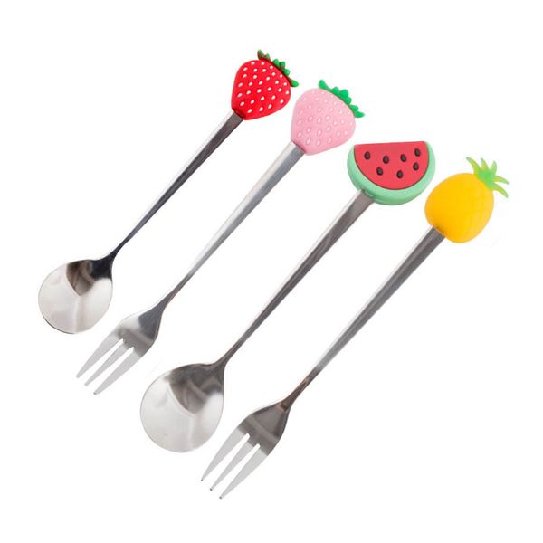 Creative Fruit Pick Fork Stirring Spoon Colorful Silicone Handle Stainless Steel Utensils for Home Restaurant Kitchen Party Supplies
