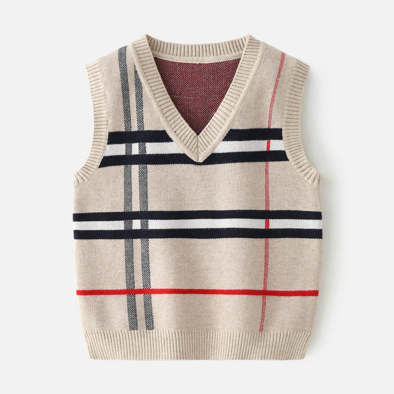Autumn Plaid Sweater Vests Kids Boys Sleeveless V-neck Knitted Sweater Tops Pullovers Toddler Autumn Outerwear