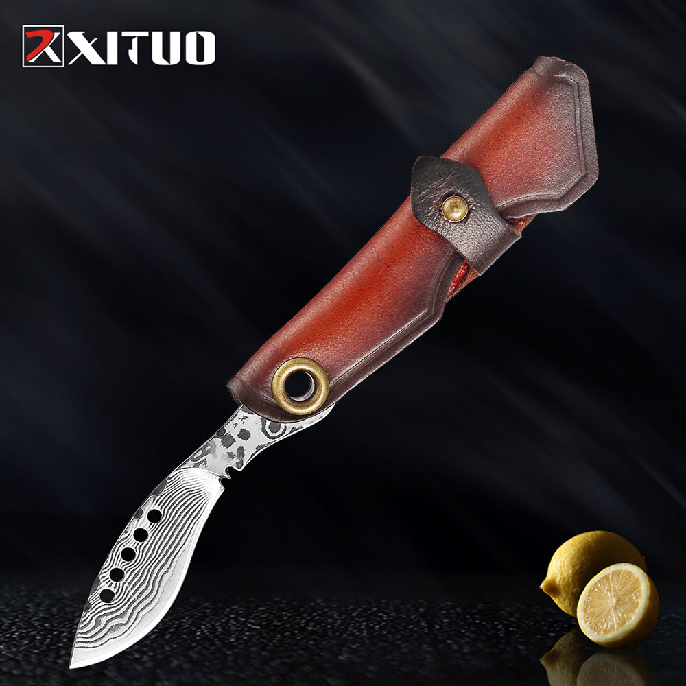 XITUO Damascus Folding Knife Mini Sharp Razor Outdoor Kitchen Chef Knife Key Pocket Knives Exquisite Leather Handle Paring Knives