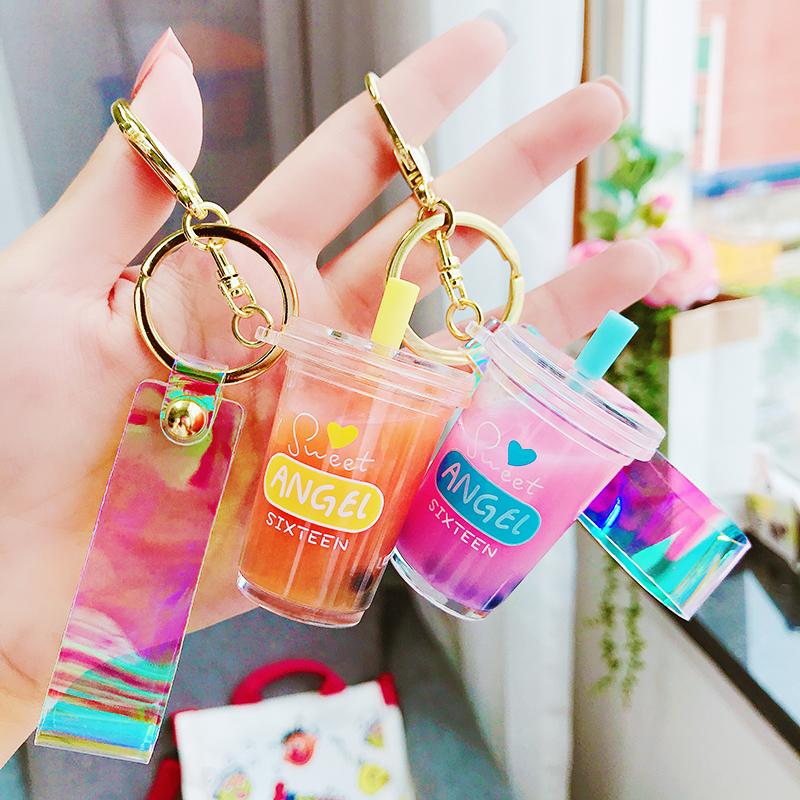 Keychains Creative Fruit Juice Key Chain Quicksand Keychain 4 Color Liquid Bottle Keyring Bag Charm Trinket Keyfob For Women Wholesale