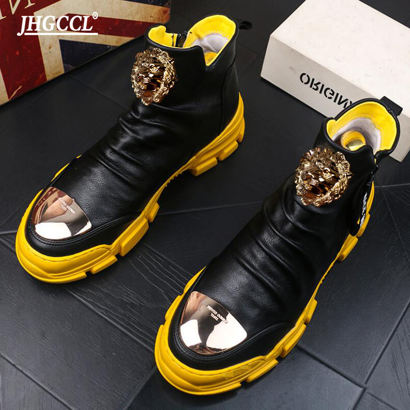 Casual motorcycle boots men&#039;s snowshoes Korean version joker high top ankle leather designer booties zapatillas hombre A26