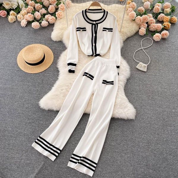 Women&#039;s Two Piece Pants SINGREINY Women Autumn Winter Fashion Knitted Set Long Sleeve Single Breasted Cardigan+Wide Leg Suits 2021