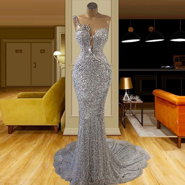 Glitter Silver Lace Mermaid Evening Dresses Sheer Jewel Neck Sequined Beaded Special Occasion Prom Gowns 2021 Plus Size