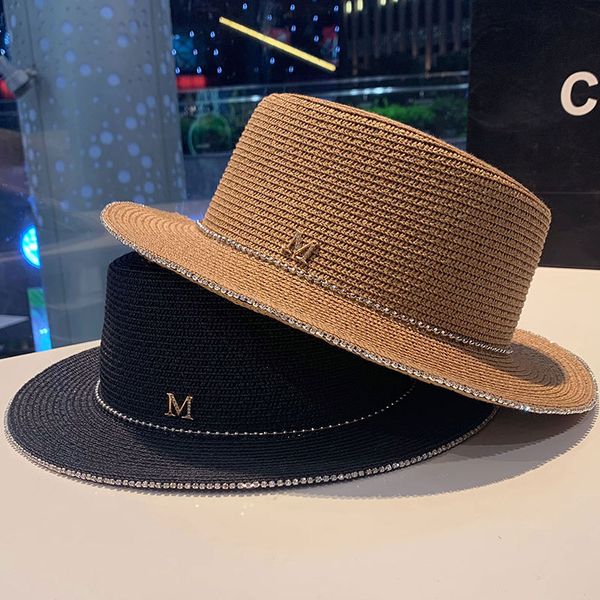 Flat Top Hat Women&#039;s Spring and Summer Leisure Vacation Sun Seaside Travel Wide Brimmed Straw Along the Beach Water Drill m
