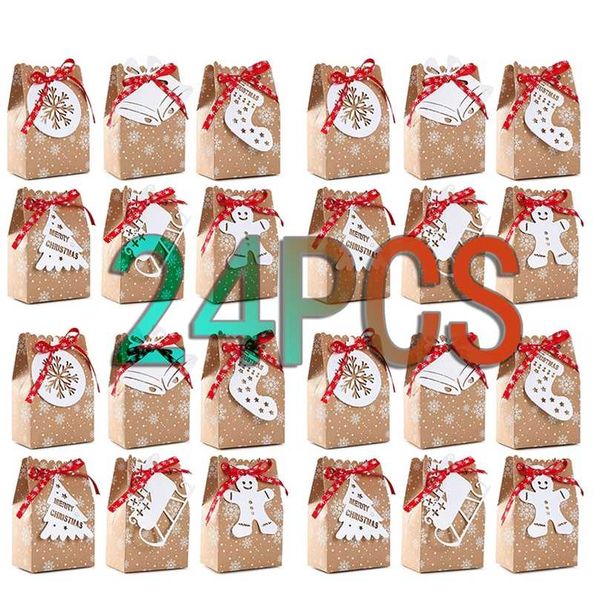 24 Sets Christmas Gift Bags With Tags 7Inch Candy Kraft Paper Cookie Packaging Box Year XMAS Decorations 211025