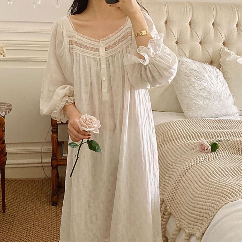 Women&#039;s Sleepwear Pure Cotton Vintage Nightgowns Women Spring Autumn Full Sleeves Long Night Dress Victorian Romantic Princess Home Wear