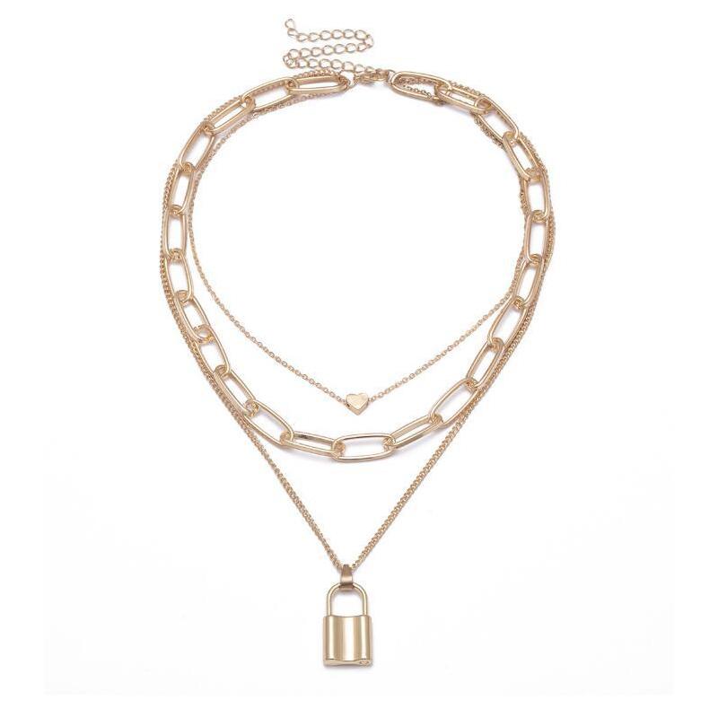 Pendant Necklaces Fashion Necklace Multi-layer Geometric Lock-Shaped Love Choker Thick Chain Hip-Hop Padlock Heart Collar Christmas Gift