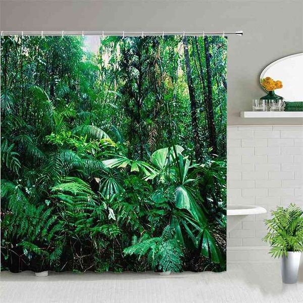 Green Tropical Plants Forest Shower Curtains Palm Tree Flower Bird Leaves 3d Printing Bathroom Decor Waterproof Bath Curtain Set 210915