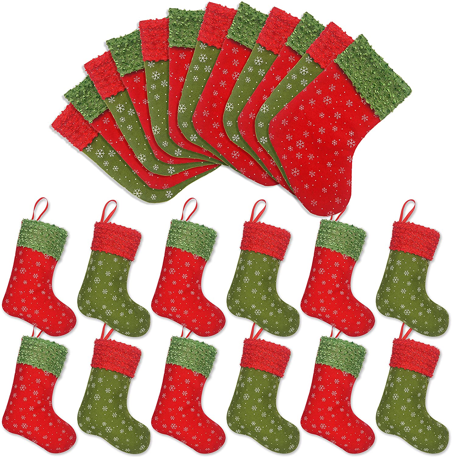 12 PCS Pack Christmas Mini Stockings 9 Inches Felt with Snowflake Printed Holders Bulk Treats for Neighbors Kids Small Rustic Red Xmas Tree Decorati