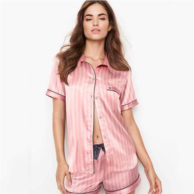 Summer Pajamas for Women Satin Silk Striped Sleepwear 2 Pieces Set Sleep Tops Pants Pjs Ladies Night Wear Loungewear Home Suit