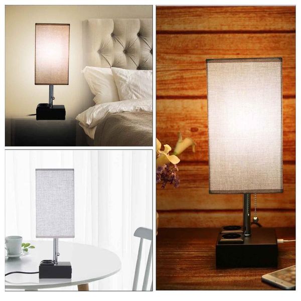 Lamp Covers & Shades Pulling Switch Bedside Table Dual Ports&Outlet Sockets Base And Fabric Lampshade Desk Nightstand Light For Home(no Bulb