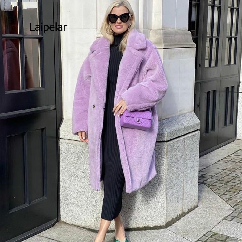 Women&#039;s Fur & Faux Winter Stylish Notched Collar Hairy Shaggy Long Coat Purple Woman Shearling Fluffy X-Long Jackets Keep Warm Outerwear