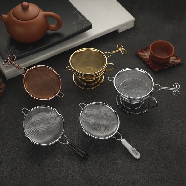 Chinese Vintage Gongfu Tea Infuser Spice Strainer Reusable Stainless Steel Dual Fine Mesh Teapot Loose Tea Leaf Filter Ceramic Handle Kitche