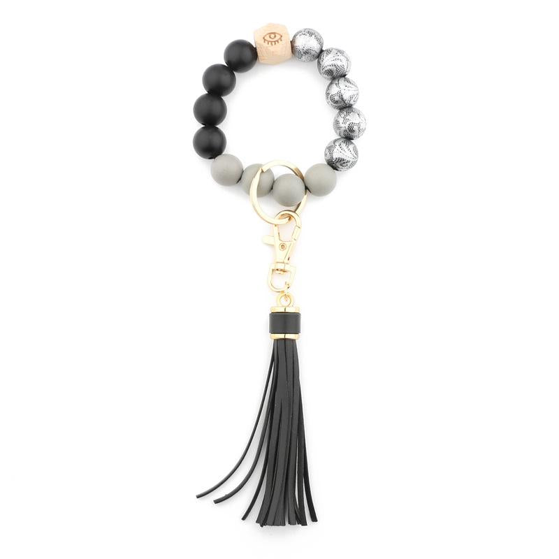 Keychains Silicone Beads Bangle Bracelets Wrists For Women Spotted Wooden Jewelry Leather Tassel Key Rings