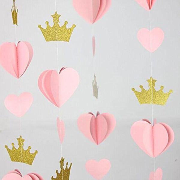 3D Glitter Love Crown Garland With 2M Paper Heart-shaped Hanging String For Wedding Birthday Party Home Curtain Hanging Ornaments Decoration