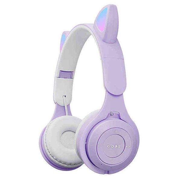 M6 Cute Cat Ear Bluetooth-compatible Wireless Headphones, Luminous Foldable Stereo Headset , Support Tf Card Playback
