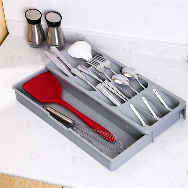 Kitchen Organizer Cutlery Drawer Storage Box Tray Fork Spoon Divider Container for Kitchen Utensils Appriance Rack Cabinet Stand 211110