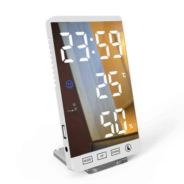 6 Inch Mirror LED Alarm Clock Touch Control Wall Digital Clock Time Temperature Humidity Display USB Desk Watch for Bedroom Home 211111