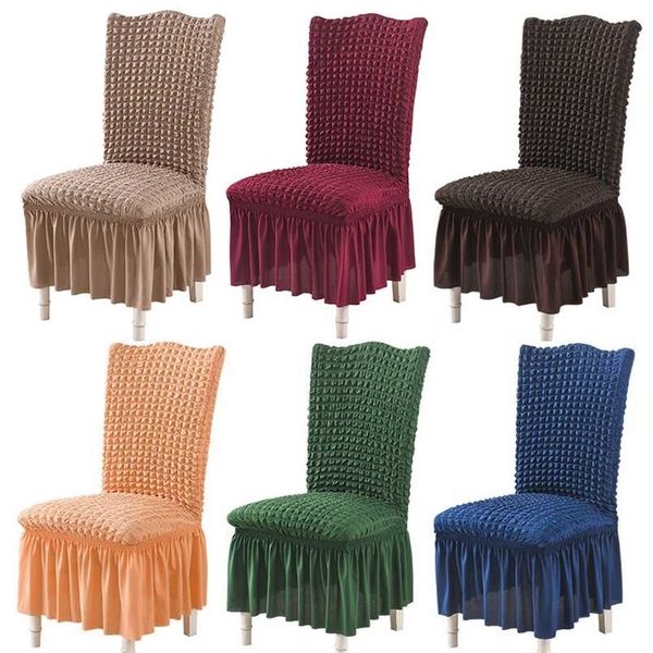 1-2-4-6 Bubble Plaid With Skirt Dining Chair Cover Elastic Slipcover Stretch for Wedding Party Seat 211116