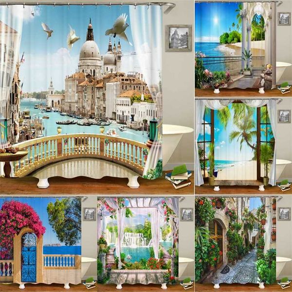 European landscape Shower Curtain Waterproof Bathroom Curtain Polyester Fabric Bath Curtains 3d Printed With Hooks Bath Screen 211116