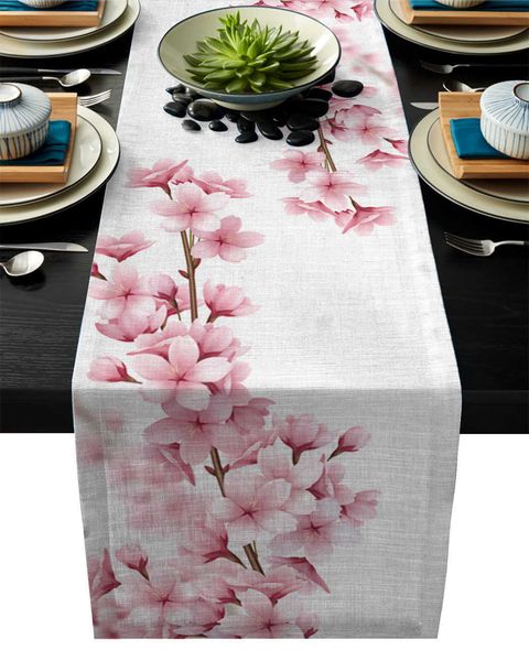Linen Burlap Table Runner Dresser Scarves Pink Cherry Blossoms Kitchen Table Runners for Dinner Holiday Party Wedding Decor 211117