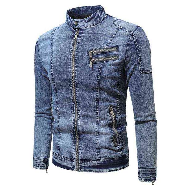 New Motorcycle Denim Jacket Men Retro Zippers Stand Collar Denim Coats Mens Cotton Slim Fit Denim Jacket Moto Biker Outerwear Y1122