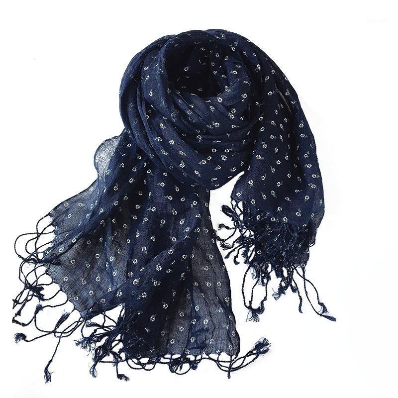 Scarves Spring And Autumn Navy Small Floral Scarf Thin Print Shawl Japanese Pure Linen Women Summer Shade