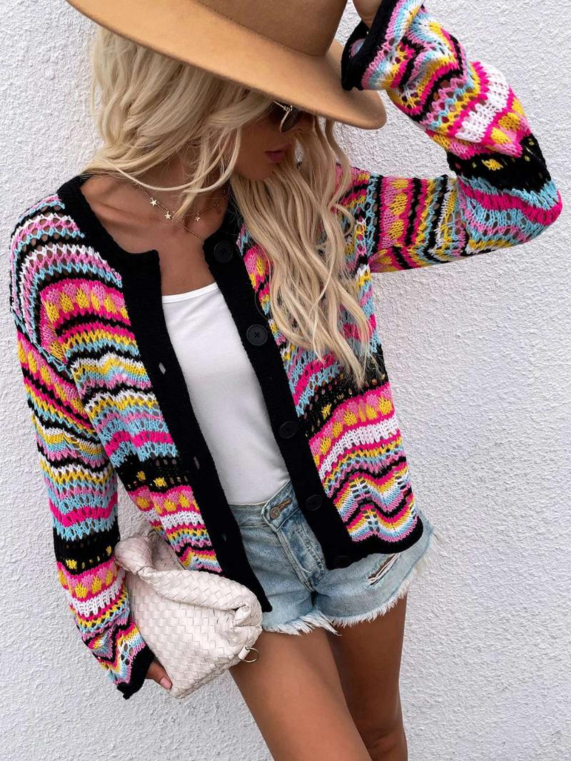 Men&#039;s Sweaters Aproms Elegant Rainbow Colored Long Sleeve Knit Cardigan Women Autumn Hollow Out Oversized Sweater Female Fashion Outerwear 2
