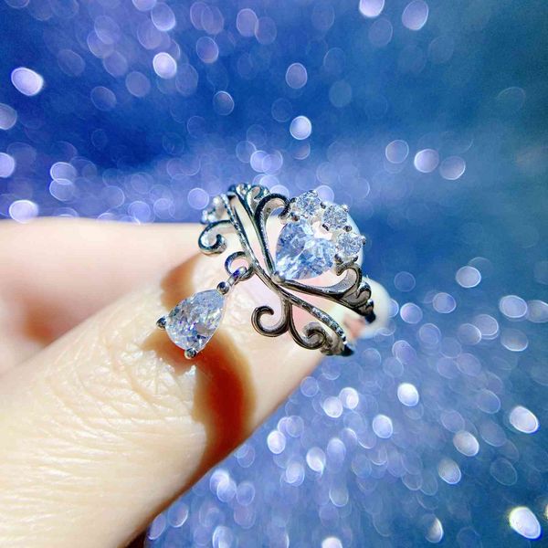 S925 Silver Love Crown Two in One Ring, Tiktok, Red and White, the Same Fringes, Drill, Opening, Creative.