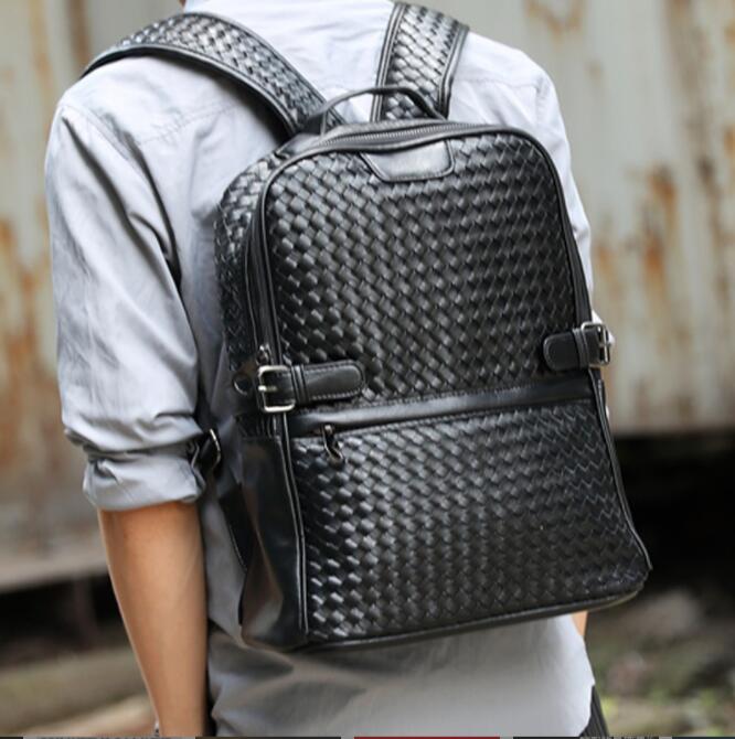 Factory wholesale brand men bag hand woven leather backpack trend thicken leathers man handbags college wind casual wovens Backpacks 9841