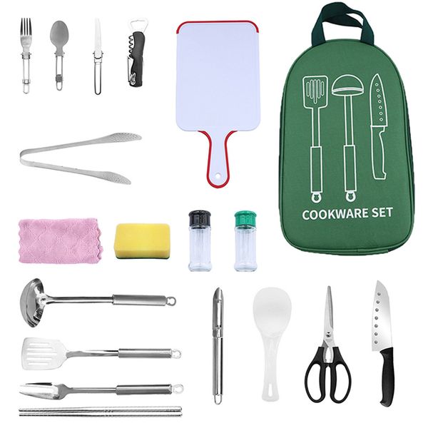 Camp Kitchen Cooking Utensil Set Travel Organizer Grill Accessories Portable Compact Gear for Backpacking BBQ Camping Hiking Travel Cookware