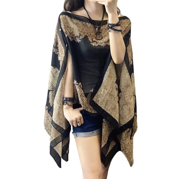Summer Woman Chiffon Fabala Flower Shawl Loose Cover Ups Long Sleeve Shirts Thin Plus Size Scarf Blouses Sun Protection