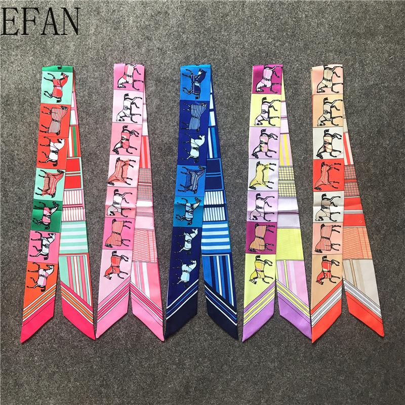 Scarves War Horse Print Bag Strap Scarf Womens Silk Fashion Head Headwear Orange Blue Pink Long Accessories Ribbon