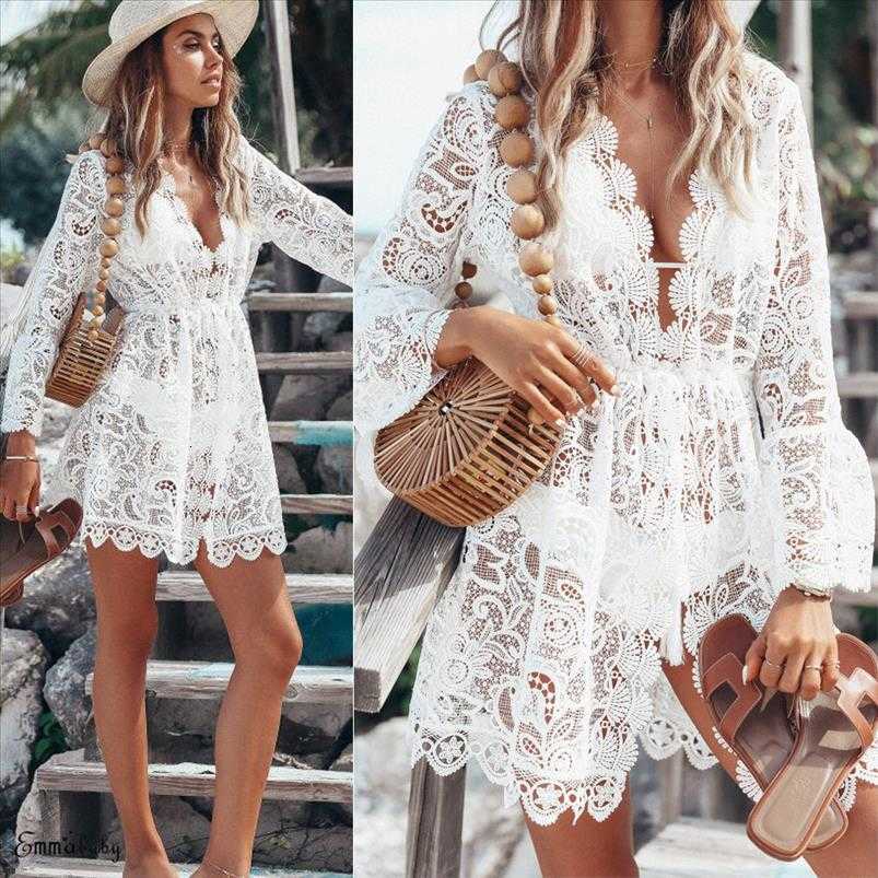 Summer Women dresses Bikini Cover Up Floral Lace Hollow Crochet Swimsuit Ups Bathing Suit Beachwear Tunic Beach Dress