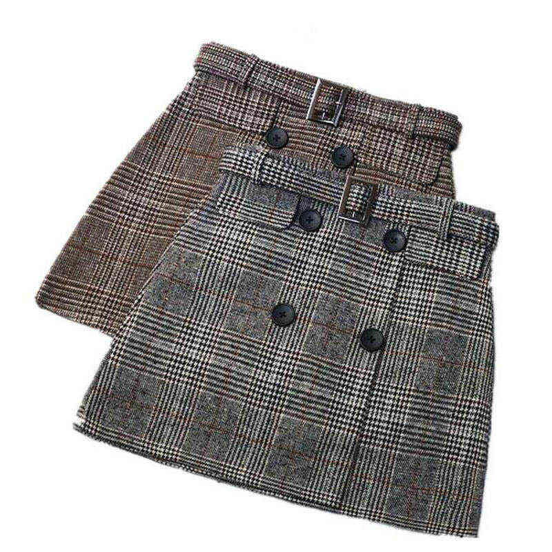 Womens High Waist Two Piece Dress Plaid Skirt Tweed With Button Vinatge Winter Elegant A-line Skirts Women Woolen